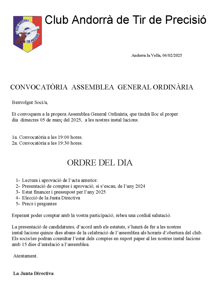 CONVOCATÒRIA ASSEMBLEA GENERAL ORDINÀRIA CATP